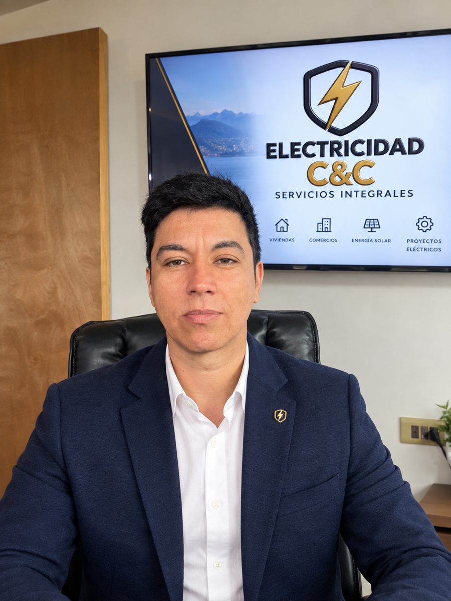 Carlos Piña, representante de Electricidad C&C, frente a una pantalla con el logotipo de la empresa